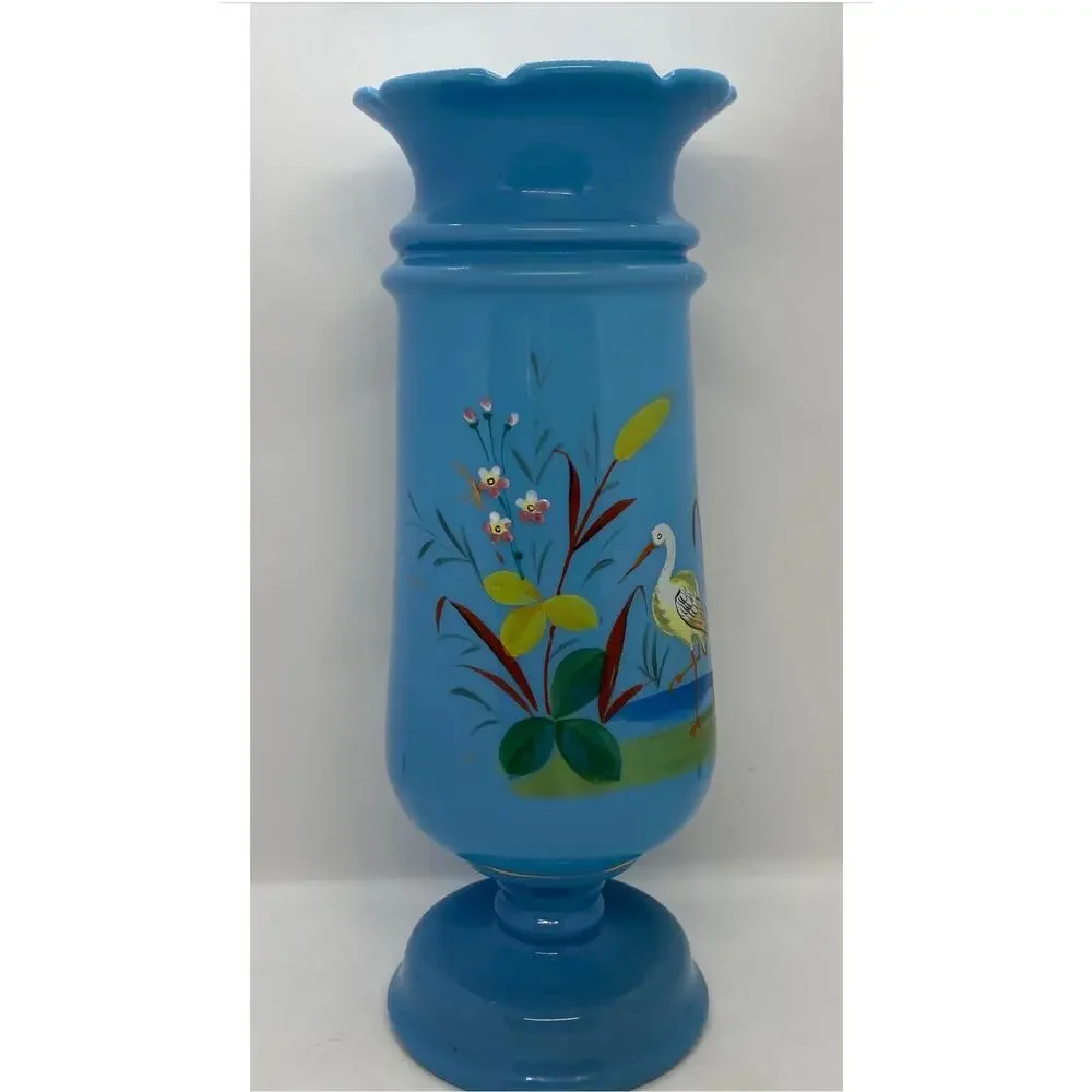 Late 19th Century Victorian Bristol Blue Glass Hand Painted and Enameled Vase